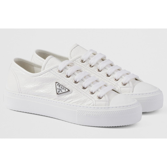 Prada Smash Naplak White Patent Logo Lace Up Flat Low Top Trainer Sneaker 36.5 - Picture 5 of 16
